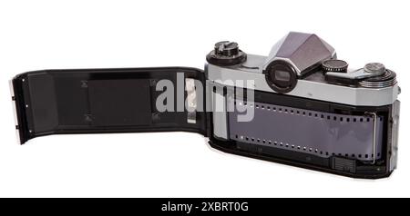 Oldtimer-Kamera mit Filmrolle geöffnet Stockfoto