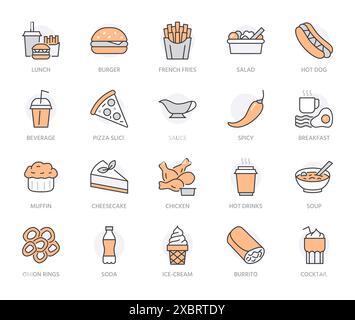 Fastfood-Symbole mit flacher Linie. Burger, Kombi-Mittagessen, Pommes frites, Hot Dog, Soße, Salat, Suppe, Pizza Vektor Illustrationen. Dünne Schilder für das Restaurant Stock Vektor