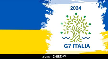 Logo des 50. G7-Gipfels auf einem grunge-Hintergrund der ukrainischen Flagge. Stockfoto