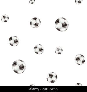 Nahtloses Fußball- oder Fußballmuster. Sport-Hintergrund. Handzeichnung Aquarellillustration für Kleidung Textil, Scrapbooking. Fußballleder Stockfoto