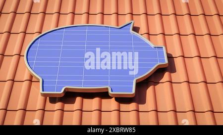 3D-Rendering: Ein Solarpanel in Form einer Schweinebank auf einem Dach. Konzept zur Kosteneinsparung mit Ihrer eigenen Solaranlage. Stockfoto