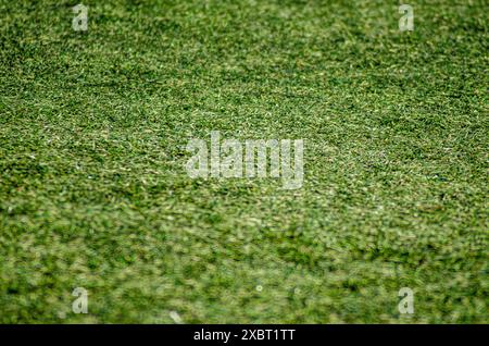 Selektive Fokussierung, Detail der Textur eines Kunstrasen-Fußballfeldes Stockfoto