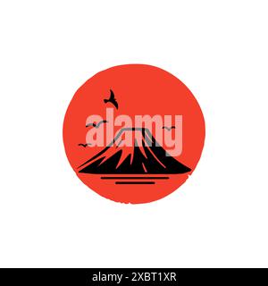 Japan Minimal Mountain auf roter Kreisflagge. Asiatisch-japanische Flagge Berg Fuji Symbol Stock Vektor
