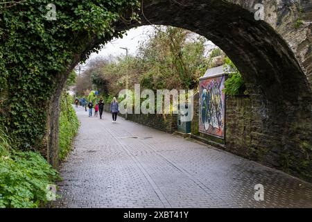 Eine kleine Brücke über die historische Tram Track im Stadtzentrum von Newquay in Cornwall in Großbritannien. Stockfoto