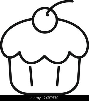 Minimalistisches Symbol eines Cupcake mit Kirsche, schlichtes Design mit dicker Umrandung Stock Vektor