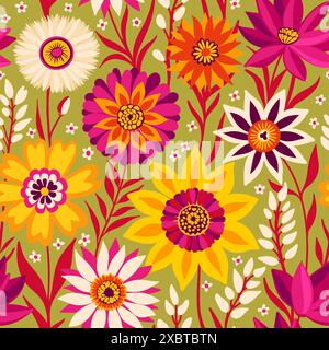 Florale nahtlose Zufallsmuster lebendiger Coloful Fantasy Blumen im böhmischen Stil in Gelb, Magenta, Olivgrün, weiß. Perfekt für Textilien, Oberflächen, Tapeten, Wickelpapier, Stoffe. Stock Vektor