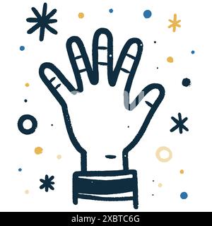 Offene Hand in kindlichem Stil gezeichnet. Umgeben von Sternen und Punkten. Vektorabbildung. Stock Vektor