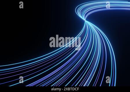 Blaues und violettes Licht bewegt sich über einen schwarzen Hintergrund. Hintergrund zu den Themen Technik, Glasfaser und schnelle Telekommunikation Stockfoto