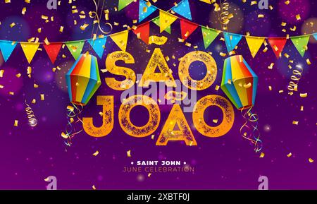 Festa Junina Illustration mit bunten Party Flaggen und Papier Laterne auf fallendem Konfetti Hintergrund. Vektor Brasilianische Traditionelle Juni Sao Joao Stock Vektor