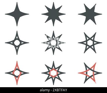 Sternsymbol-Symbolgruppe. Verschiedene Designs mit dekorativen Formen, schwarze Piktogramme. Isolierte Elemente, weißer Hintergrund. Vektor Stock Vektor
