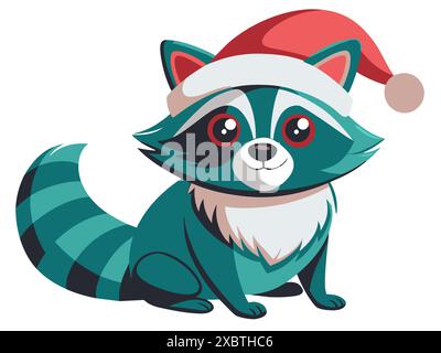 Netter Waschbär im Weihnachtsmann Hut isoliert auf weißem Hintergrund. Entzückender kleiner Waschbär in festlicher Kleidung. Konzept von Feiertagstier, Weihnachtstier, Stock Vektor
