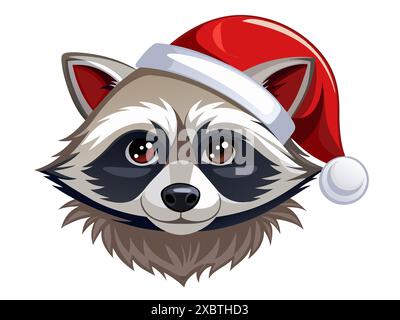 Netter Waschbär im Weihnachtsmann Hut isoliert auf weißem Hintergrund. Entzückender kleiner Waschbär in festlicher Kleidung. Das Konzept der Ferientiere, des Weihnachtstiers Stock Vektor