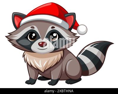 Netter Waschbär im Weihnachtsmann Hut isoliert auf weißem Hintergrund. Entzückender kleiner Waschbär in festlicher Kleidung. Das Konzept der Ferientiere, des Weihnachtstiers Stock Vektor