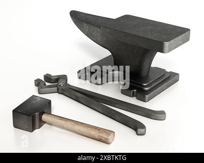 Amboss-, Hammer- und Schmiedezange isoliert auf weißem Hintergrund. 3D-Abbildung. Stockfoto