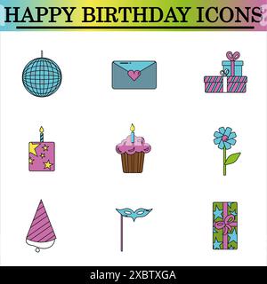 Satz flacher Geburtstagssymbole auf weißem Hintergrund. Symbole zur Feier. Isolierter Vektor. Stockfoto
