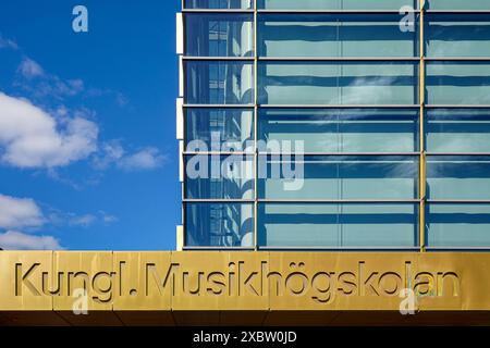 Schriftzug der Königlich Schwedischen Musikakademie, Kungliga Musikaliska Akademien in Stockholm, Schweden über dem Eingang. Stockfoto