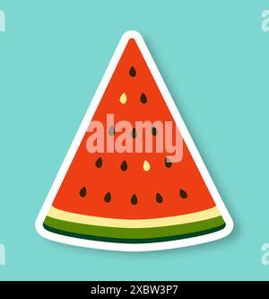 Ein Wassermelonen-Slice-Aufkleber oder -Symbol auf blauem Hintergrund. Trendiges Pop Art Design der 80er Jahre Stock Vektor