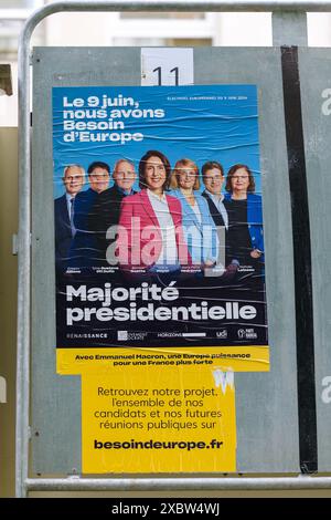 Paris, Frankreich - 4. Juni 2024 : Porträt von Valerie Hayer und anderen, Kandidaten auf einem Wahlkampfplakat in Paris Stockfoto