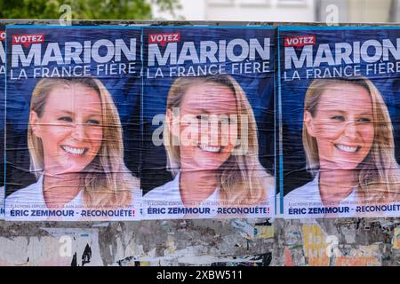 Paris, Frankreich - 4. Juni 2024: Porträt von Marion Maréchal, Kandidat auf einem Wahlkampfplakat in Paris Stockfoto