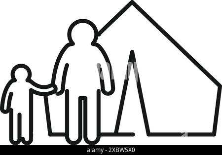 Linienzeichnung eines Vaters und Sohnes, die in der Nähe eines Zeltes stehen und einen Familiencampingausflug darstellen Stock Vektor