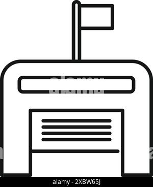 Einfache Umrisse eines Checkpoint-Gebäudes mit einer offenen Barriere und einer schwenkenden Flagge Stock Vektor
