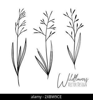 Set mit Strichgrafik Wildblumen und Grasillustration. Handgezeichnete botanische Kontur für Hochzeit, Einladung, Datum speichern, Karte. Trendiger ELEGAN Stock Vektor