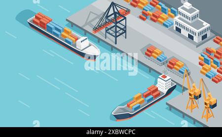 Schiffsterminal mit Frachtschiffen und Frachtkran Speditionsdienste Vektorillustration isometrisches Design Stock Vektor