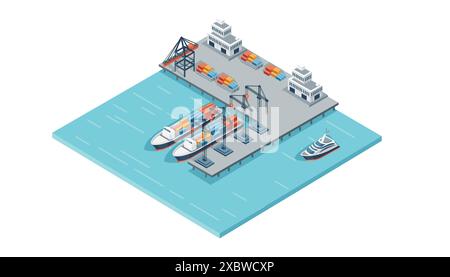 Schiffsterminal mit Frachtschiffen und Frachtkran Speditionsdienste Vektorillustration isometrisches Design Stock Vektor