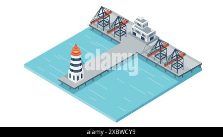 Schiffsterminal mit Leuchtturm auf dem Pier und Frachtkran Speditionsdienste Vektorillustration isometrisches Design Stock Vektor