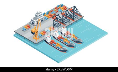 Schiffsterminal mit Frachtschiffen und Frachtkran Speditionsdienste Vektorillustration isometrisches Design Stock Vektor