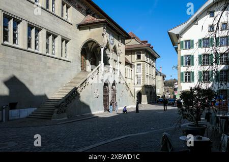 Blick auf das Rathaus Bern in der Altstadt, dem mittelalterlichen Stadtzentrum von Bern, Schweiz Stockfoto