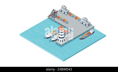 Schiffsterminal mit Frachtschiffen und Frachtkran Speditionsdienste Vektorillustration isometrisches Design Stock Vektor