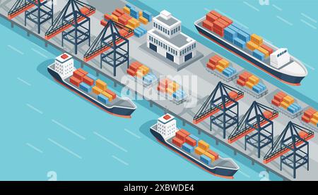 Schiffsterminal mit Frachtschiffen und Frachtkran Speditionsdienste Vektorillustration isometrisches Design Stock Vektor