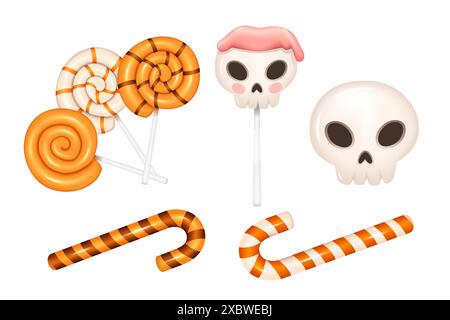 Süße Lutscher mit Schädel gestreift und Kegel Formen Halloween themed Süßigkeiten Vektor Illustration isoliert auf weißem Hintergrund Stock Vektor