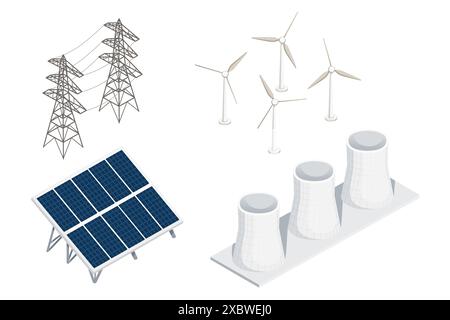 Satz von Elektrogeneratorindustriesymbol einfache Zeichentrickstil Vektorillustration isoliert auf weißem Hintergrund Stock Vektor