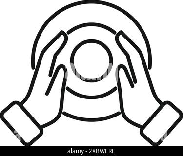 Umrisssymbol mit zwei Händen, die einen leeren Teller halten, was Hunger, Warten auf eine Mahlzeit oder das Konzept eines leeren Magens symbolisiert Stock Vektor