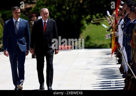 Madrid, Spanien. Juni 2024. Madrid, Königreich Spanien; 06.13.2024.- Spanien und die Türkei feiern ihr VIII. Treffen auf hoher Ebene in Moncloa. Pedro Sánchez, spanischer Präsident, und Tayyip Erdogan, Präsident der Türkei, auf einem bilateralen Gipfel zur Förderung einer aufwärtsorientierten Handelsbeziehung bekräftigt die spanische Regierung, dass die Türkei an einer Ausweitung und Diversifizierung ihrer Investitionen interessiert ist und dass es möglicherweise sehr relevante Verträge auf dem Spiel gibt, von denen sie glaubt, dass sie kurz- und mittelfristig greifbare Ergebnisse erzielen wird. Vermerk: Juan Carlos Rojas/dpa/Alamy Live News Stockfoto