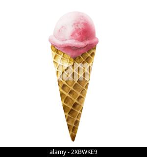 Eine Schaufel Erdbeere, Himbeereis in knuspriger Waffelschale. Handmalerei süße Aquarellillustration isoliert auf Hintergrund. Für Designer, Herren Stockfoto