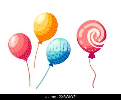 Farbige Partyballons mit gepunkteten und spiralförmigen Muster Vektor-Illustration isoliert auf weißem Hintergrund. Stock Vektor