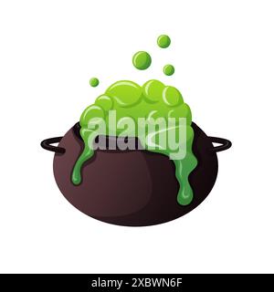 Hexe Halloween Kessel mit grünem Trank. Kochendes Magic Brew Design für den Oktoberurlaub. Vektorillustration auf weißem Hintergrund isoliert. Stock Vektor
