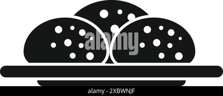 Einfache schwarze Glyphe, die drei leckere frische runde Brötchen auf einem Teller darstellt, perfekt für ein Backwarenlogo Stock Vektor