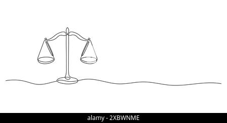 Linienzeichnung des Gleichgewichts zwischen Recht und Gerechtigkeit. Zeichen der Gleichheit und des Gleichgewichts und Firmenlogo im einfachen linearen Stil. Doodle Vect Stock Vektor