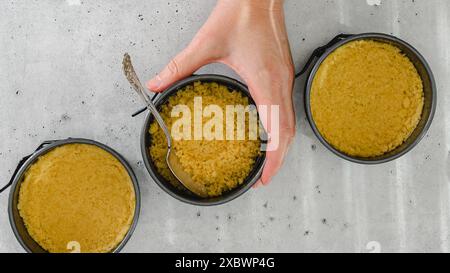 Cracker Crust für Käsekuchen-Rezept. Zubereitung von hausgemachtem Mini-Käsekuchen, Zutaten aus nächster Nähe Stockfoto