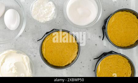 Cracker Crust für Käsekuchen-Rezept. Zubereitung von hausgemachtem Mini-Käsekuchen, Zutaten aus nächster Nähe Stockfoto