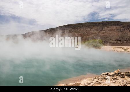 Alolabad Geothermalgebiet in Äthiopien mit surrealer Landschaft mit bunten heißen Quellen, dampfenden Fumarolen und ausbrechenden heißen Salzgeysiren in einer trockenen Umgebung Stockfoto