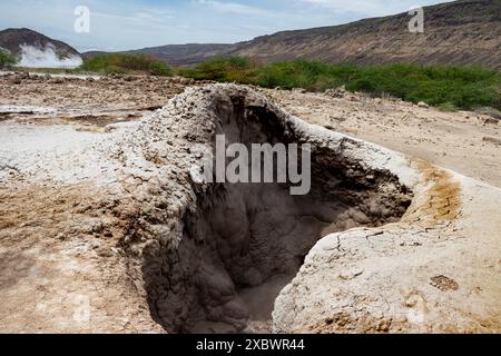 Alolabad Geothermalgebiet in Äthiopien mit surrealer Landschaft mit bunten heißen Quellen, dampfenden Fumarolen und ausbrechenden heißen Salzgeysiren in einer trockenen Umgebung Stockfoto