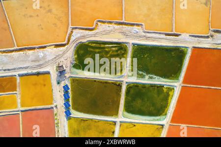 Dies ist ein Top-Bild einer Salzpfanne in der Nähe von Pushkar, wo verschiedene Farben auf der Salzpfanne von oben zu sehen sind, die einer vollen Farbpalette ähneln. Stockfoto