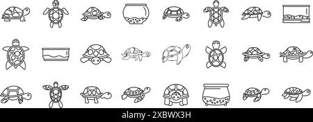 Schildkröten-PET-Symbole eingestellt. Set aus verschiedenen Schildkrötenpositionen, die in den Ikonen der Terrarienlinie krabbeln und schwimmen Stock Vektor