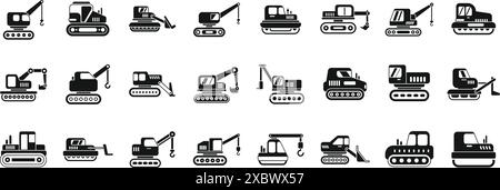 Crawler-Symbole festgelegt. Schwarze Symbole für schwere Maschinen, die auf einer Baustelle arbeiten Stock Vektor