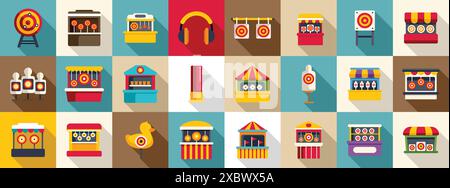 Bildergalerie-Symbole eingestellt. Sammlung von bunten Symbolen, die Schießstände im Vergnügungspark oder Karneval darstellen Stock Vektor